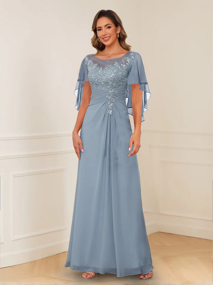 Princess Illusion Scoop Appliques Ruched Mother of the Bride Dresses